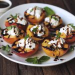 Grilled Peaches with Whipped Coconut Cream, Honey Balsamic Drizzle and Mint