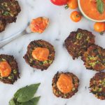 Grain-free Zucchini Fritters with Roasted Garlic and Heirloom Tomato Compote