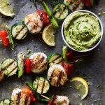 Grilled Scallop and Veggie Skewers with Green Tahini