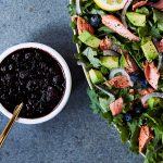 Kale Salad with Roasted Salmon and Warm Blueberry Balsamic Vinaigrette {paleo, keto, gluten-free}